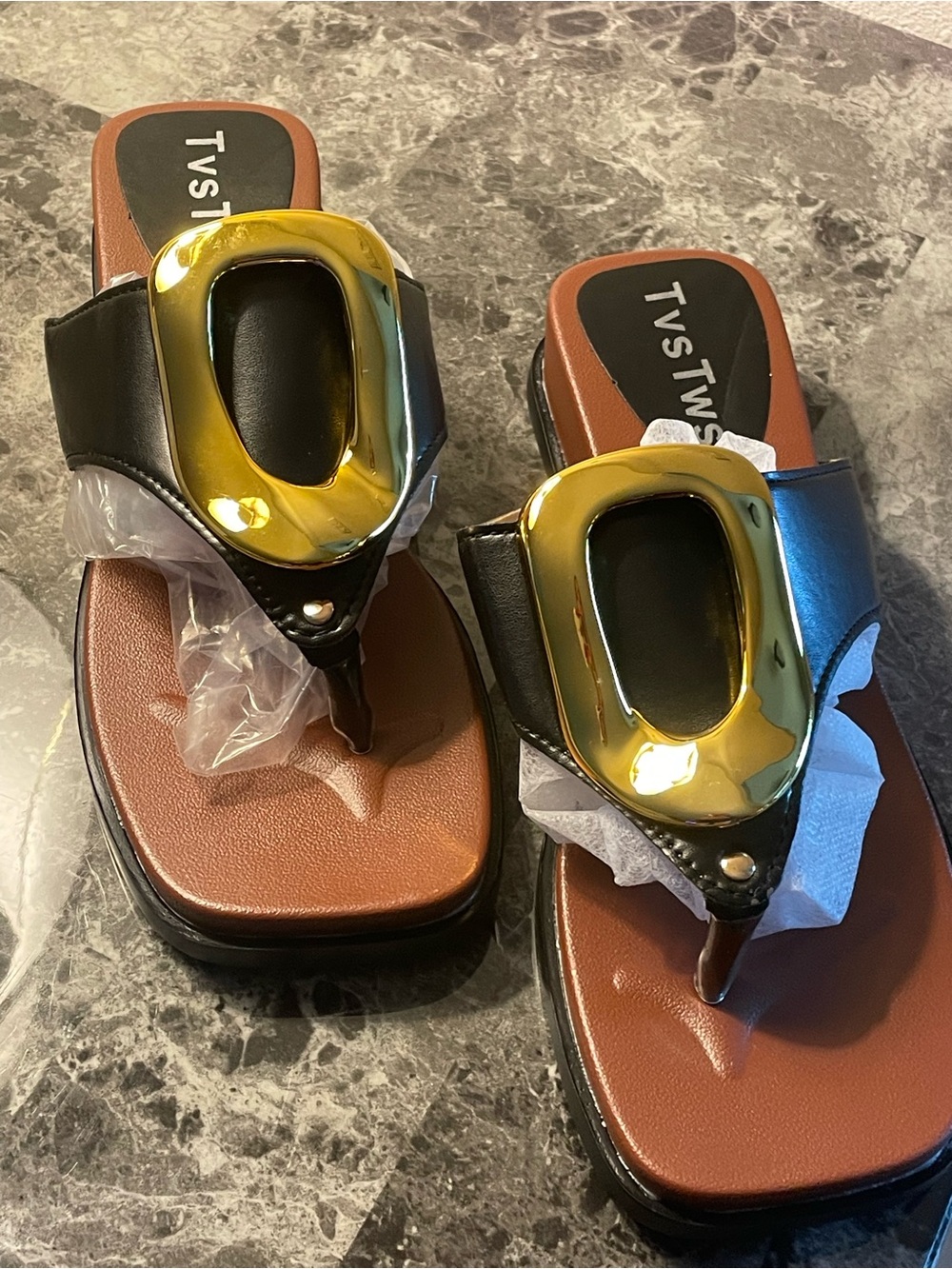 Brand new size 9 TVS TWS Black Leather Thong Sandals with Gold Accent